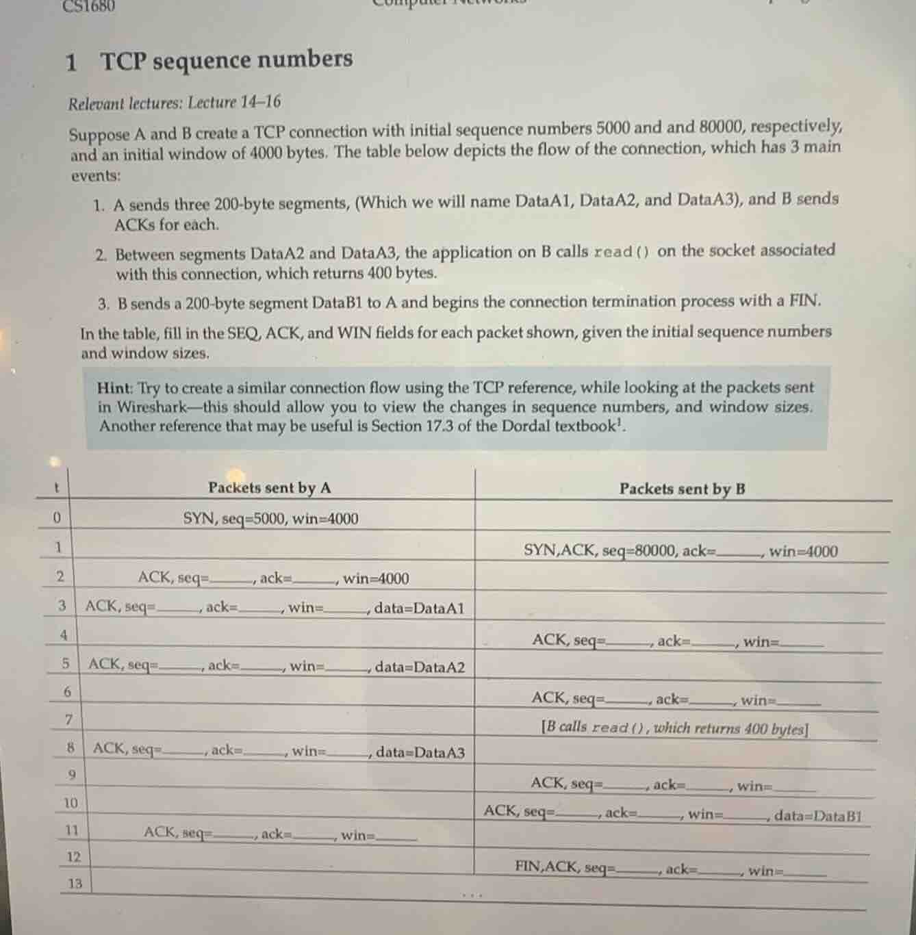 1 tcp sequence numbers relevant lectures: lecture 14-16 suppose a and b…