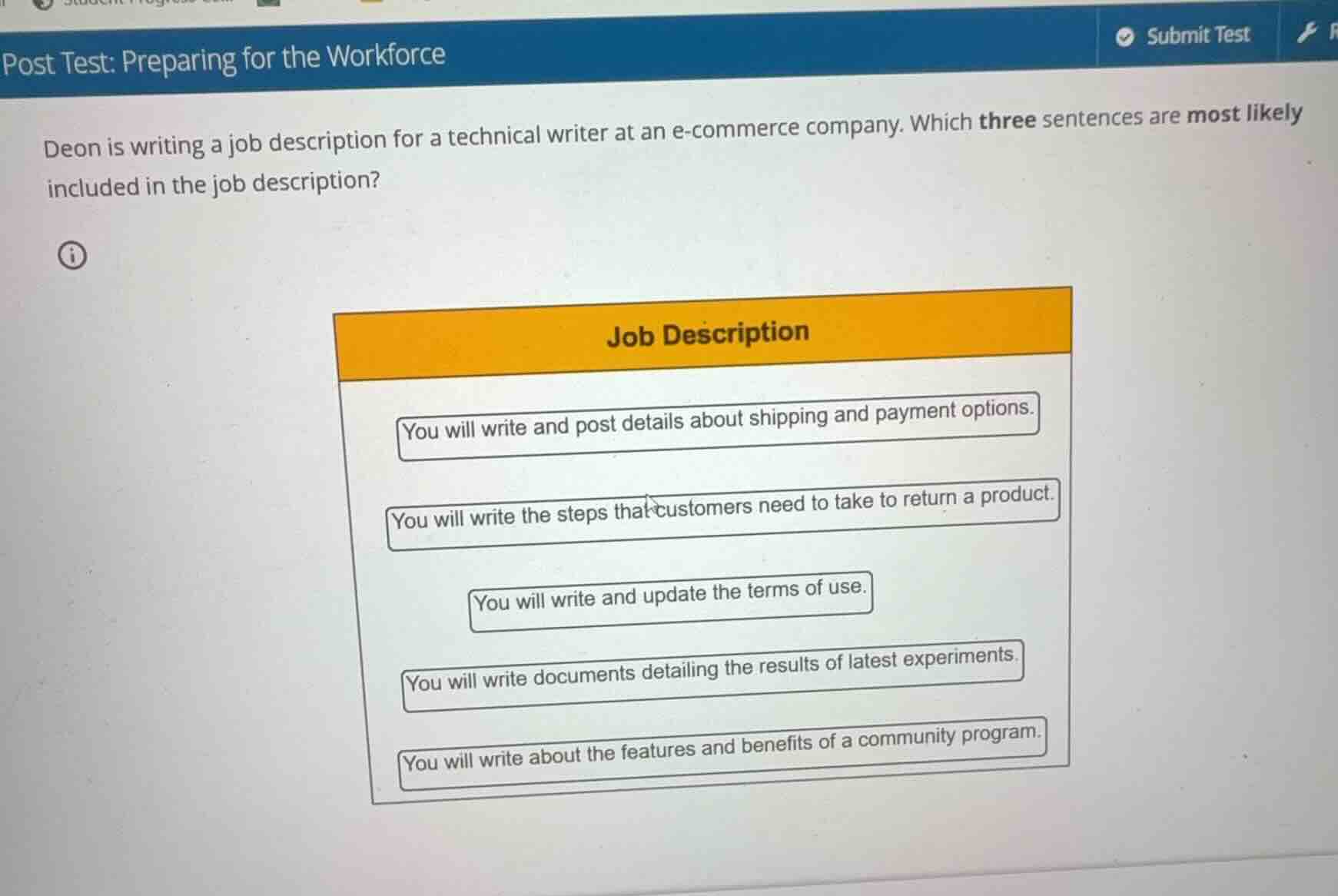 post test: preparing for the workforce deon is writing a job descriptio…