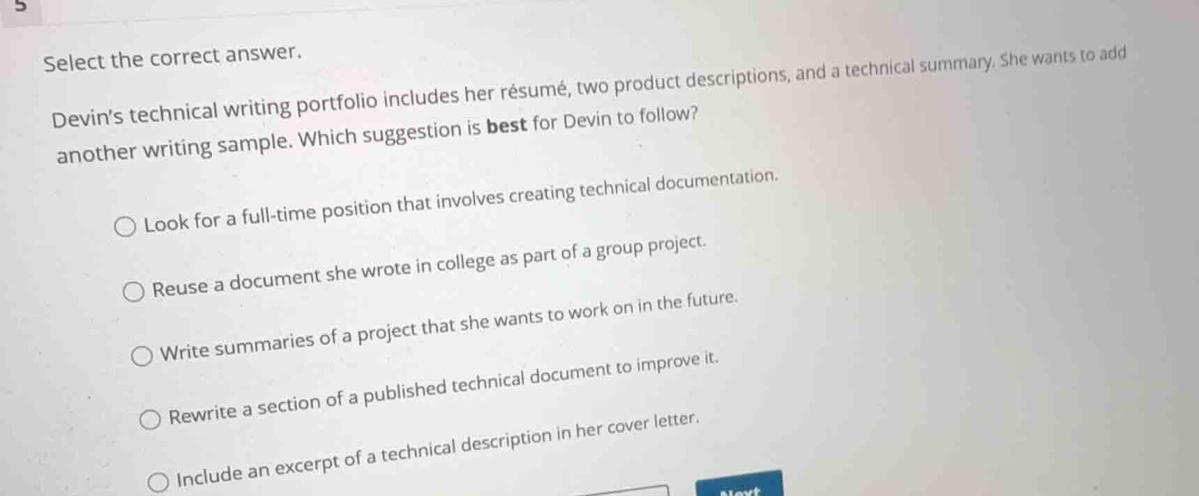 select the correct answer. devins technical writing portfolio includes …