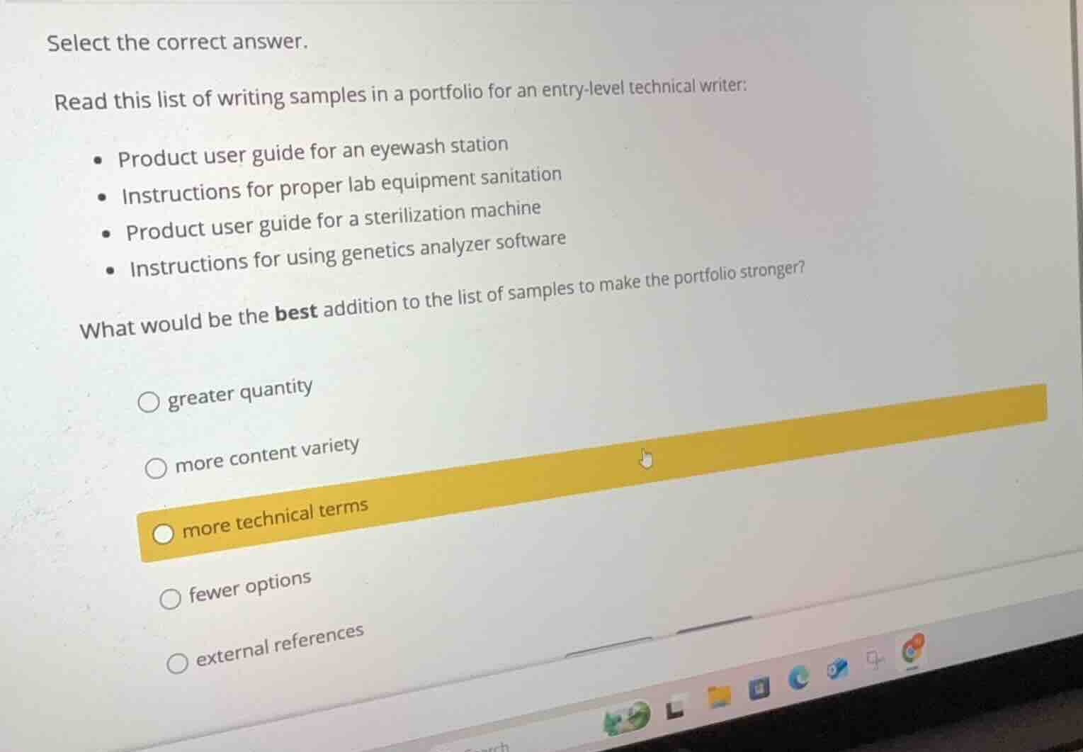 select the correct answer. read this list of writing samples in a portf…