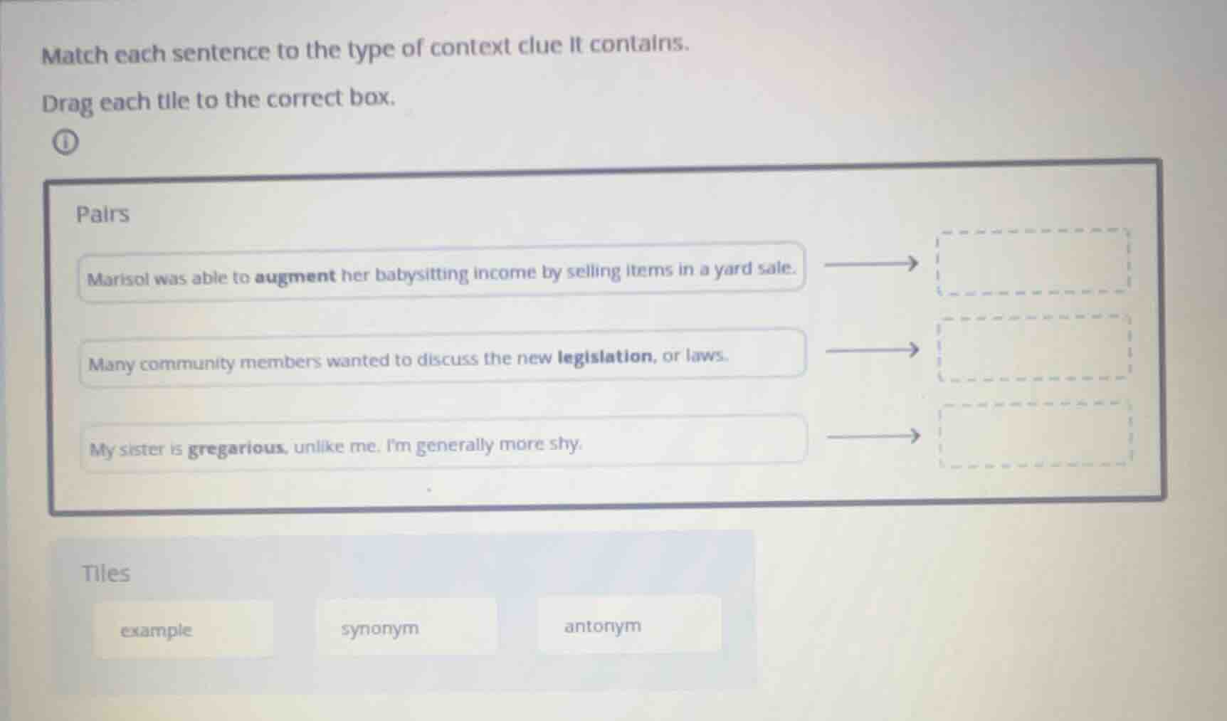 match each sentence to the type of context clue it contains. drag each …