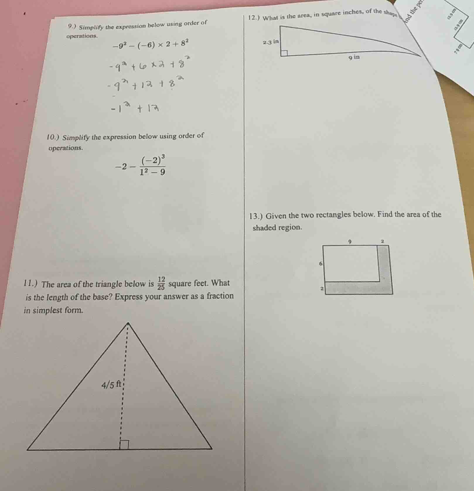 9.) simplify the expression below using order of operations. \\ -9^2 - …