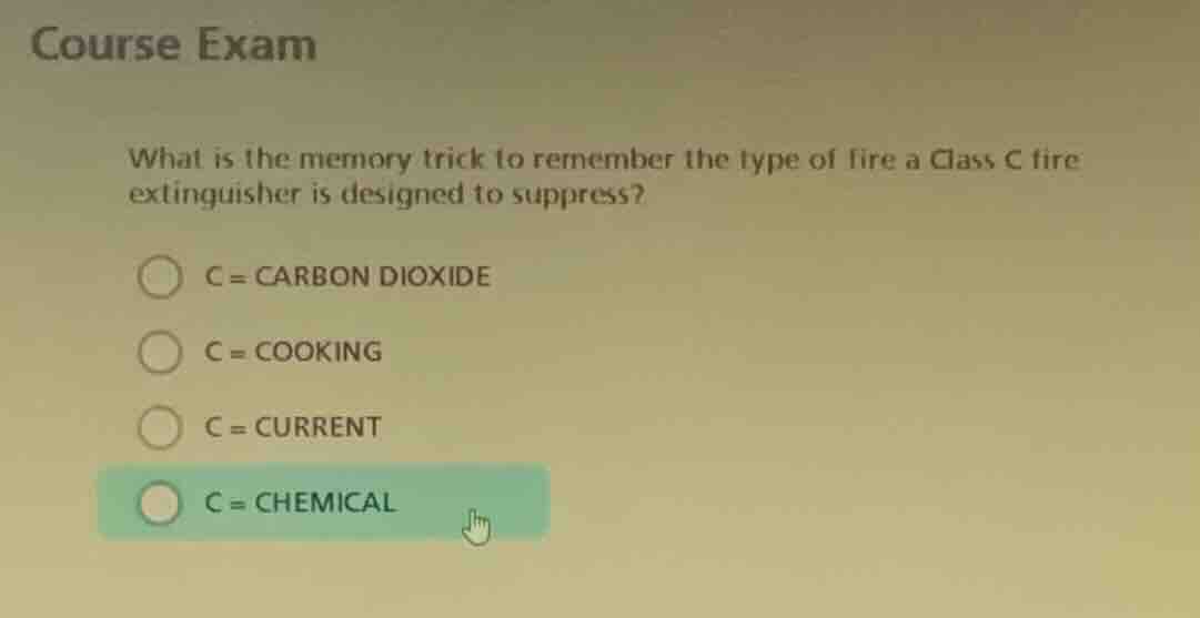 course exam what is the memory trick to remember the type of fire a cla…