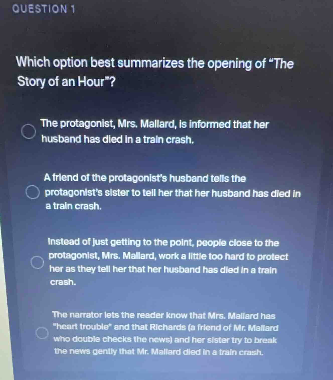 question 1 which option best summarizes the opening of \the story of an…