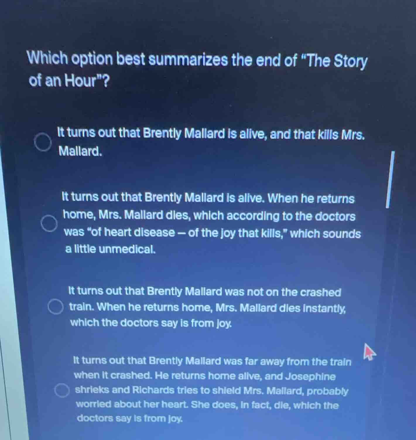 which option best summarizes the end of \the story of an hour\? it turn…