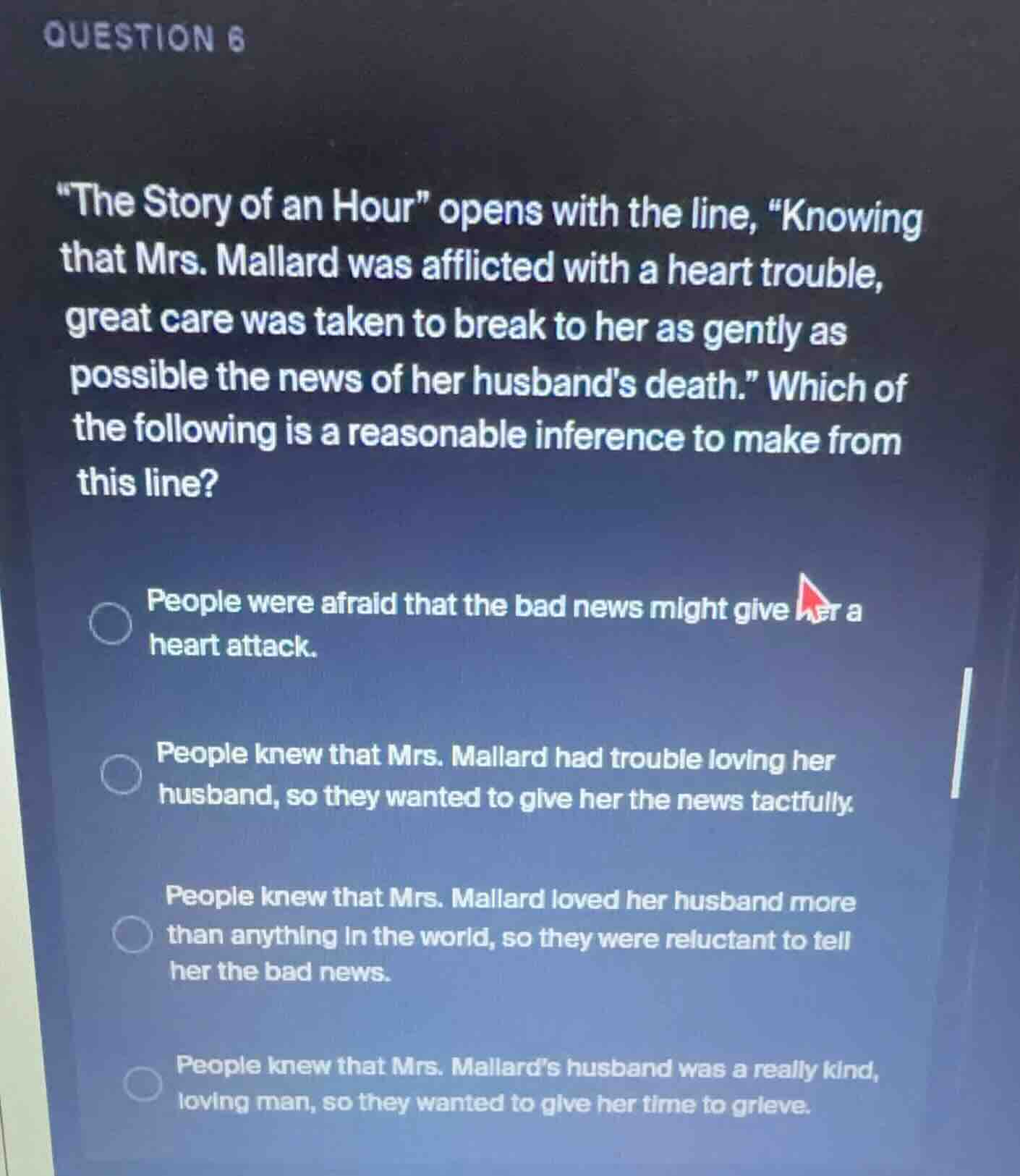 question 6 \the story of an hour\ opens with the line, \knowing that mr…