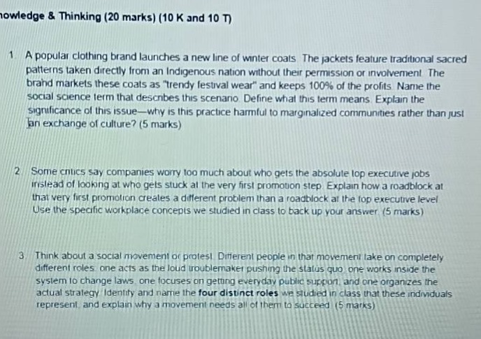 knowledge & thinking (20 marks) (10 k and 10 t) 1. a popular clothing b…