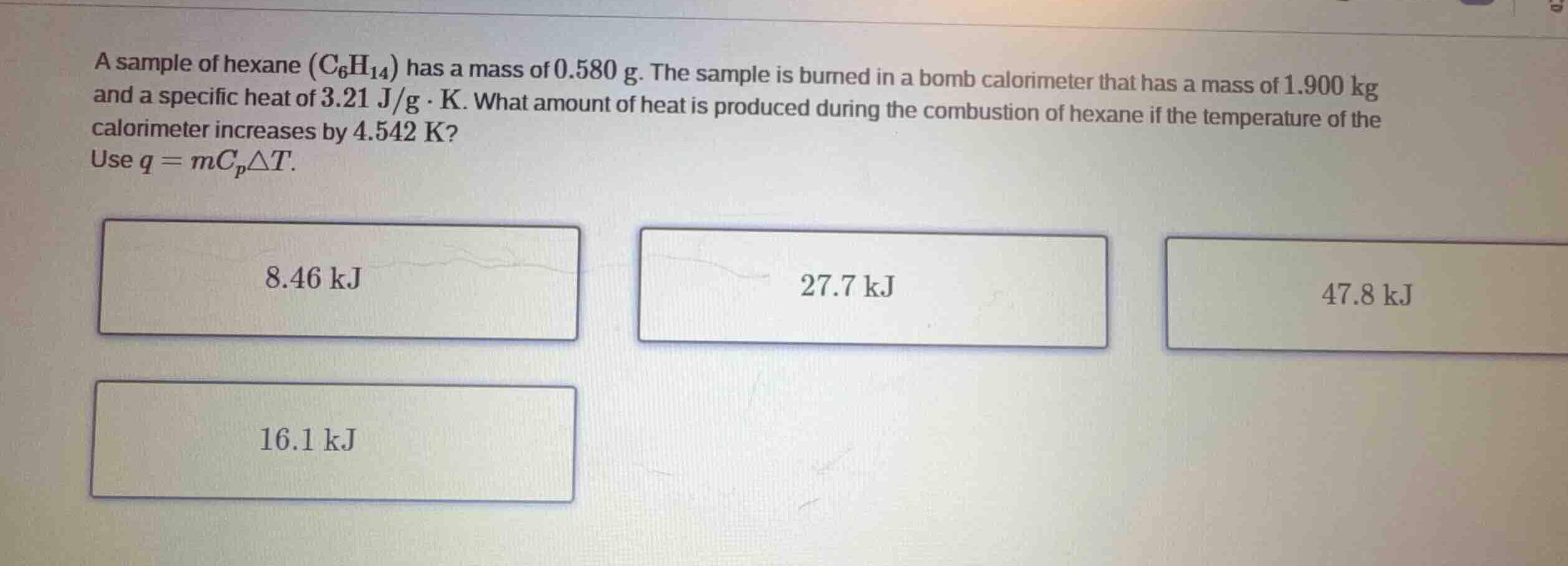 a sample of hexane (\\(\\text{c}_6\\text{h}_{14}\\)) has a mass of \\(0…