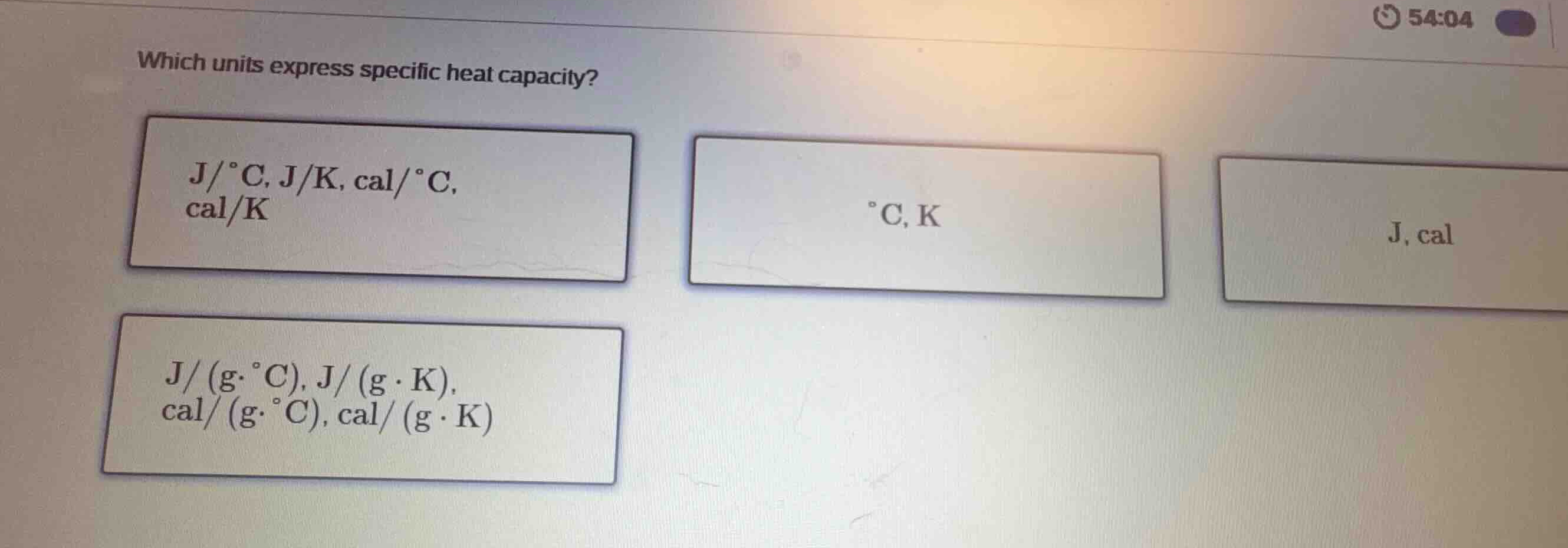 which units express specific heat capacity? option 1: \\(\\text{j}/^{\\…