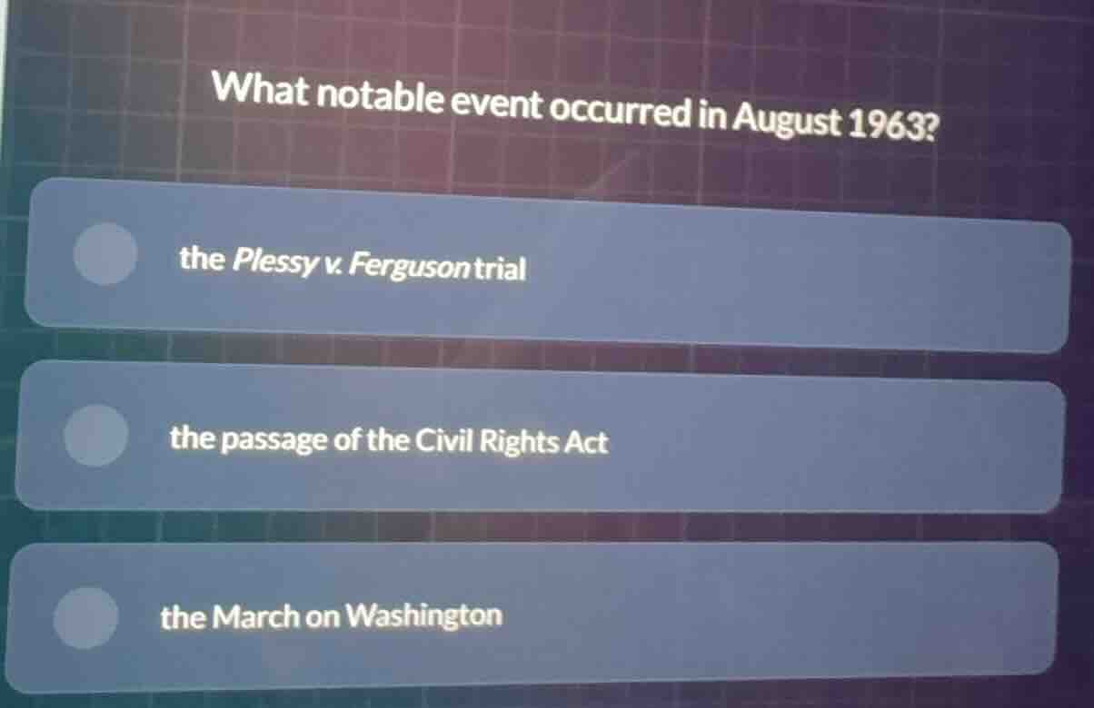 what notable event occurred in august 1963? the plessy v. ferguson tria…