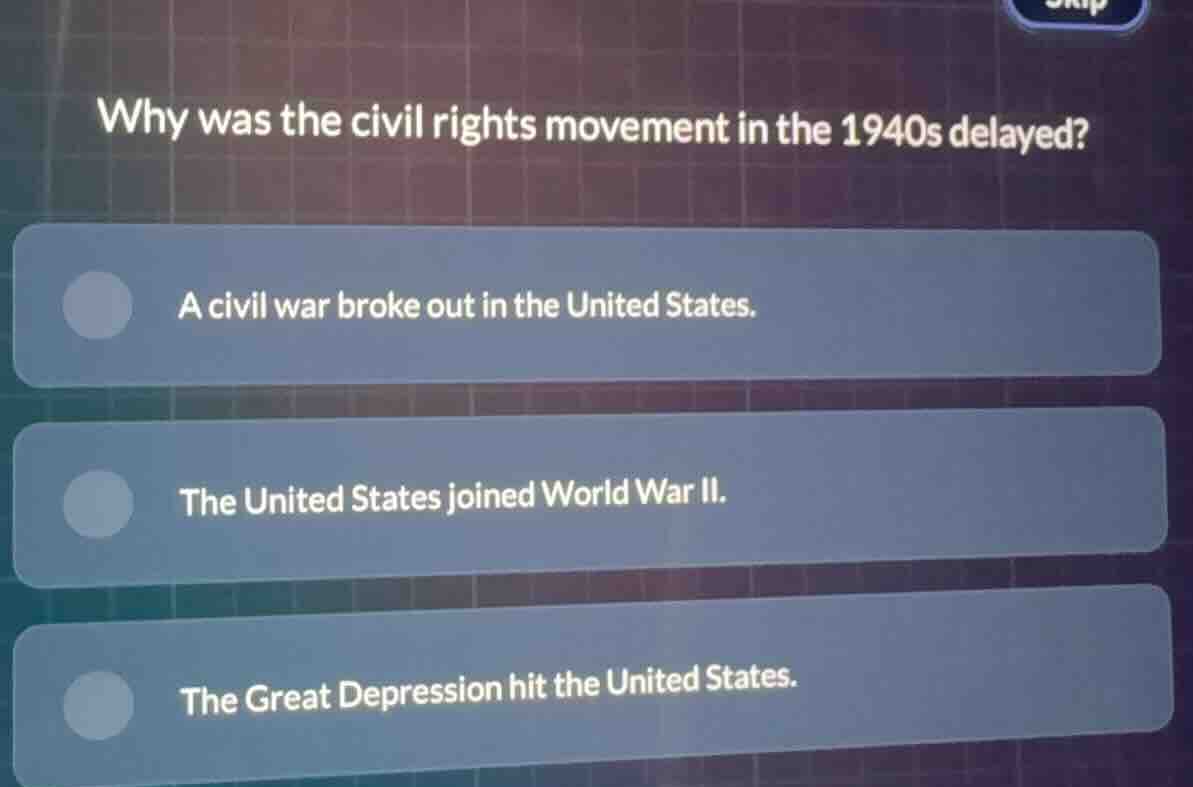 why was the civil rights movement in the 1940s delayed? a civil war bro…