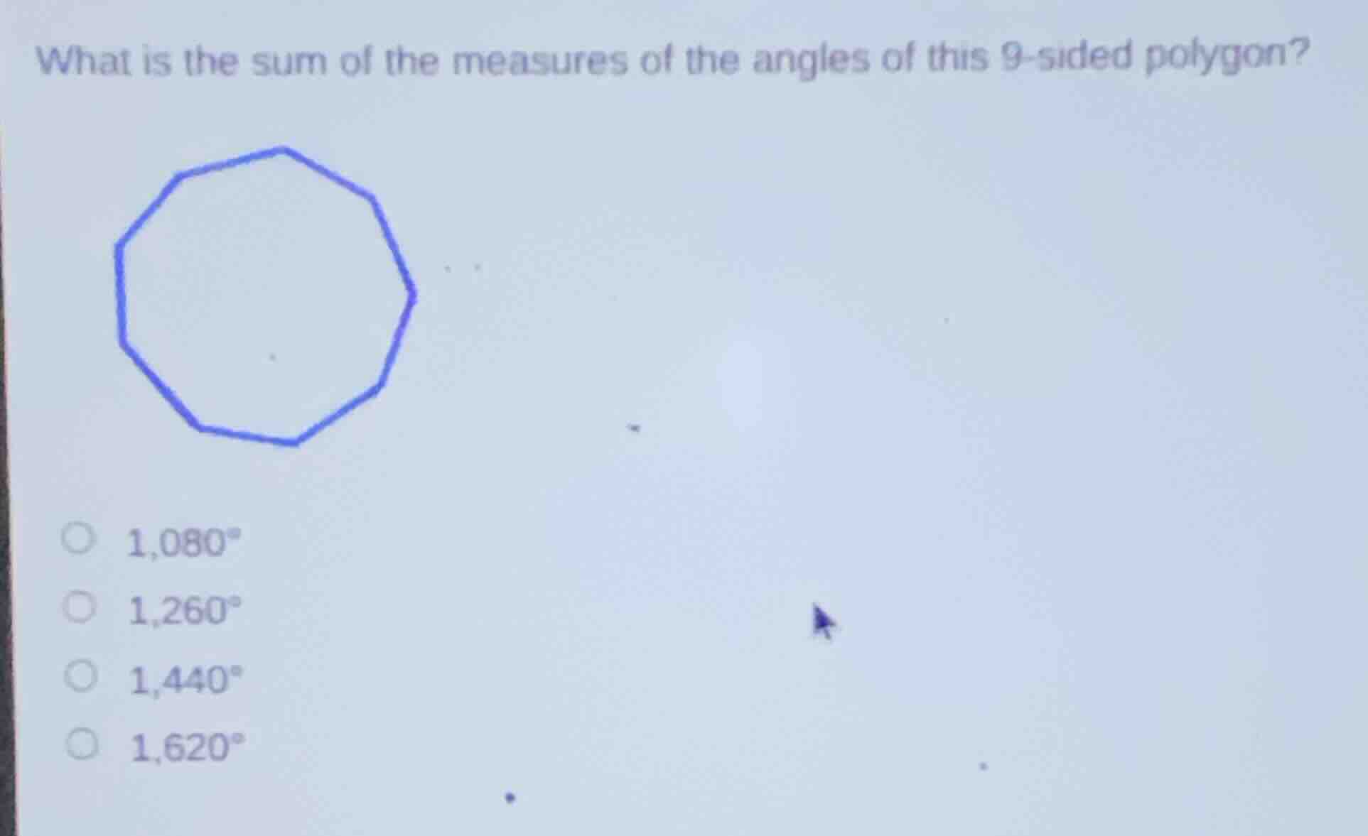 what is the sum of the measures of the angles of this 9-sided polygon? …