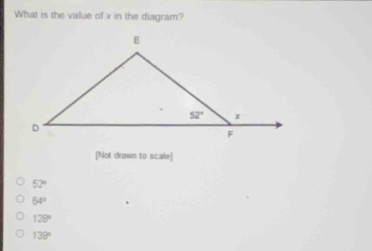 what is the value of x in the diagram? not drawn to scale \\(52^\\circ\…