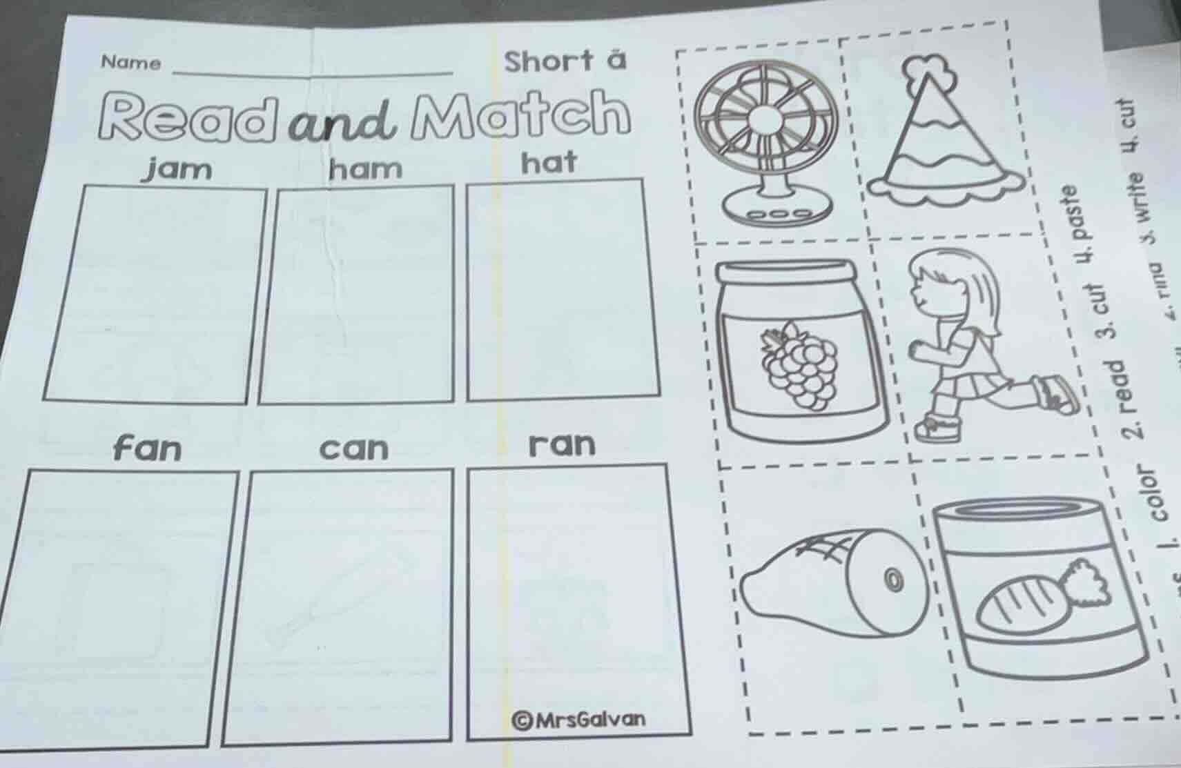 name short a read and match jam ham hat fan can ran 1. color 2. read 3.…