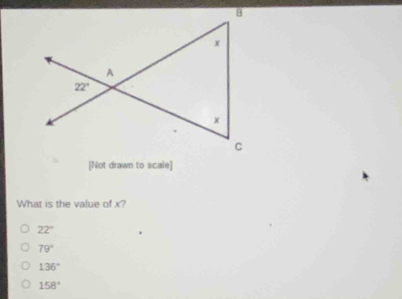 not drawn to scale what is the value of \\(x\\)? \\(22^\\circ\\) \\(79^…