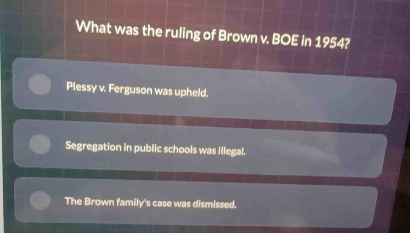 what was the ruling of brown v. boe in 1954? plessy v. ferguson was uph…