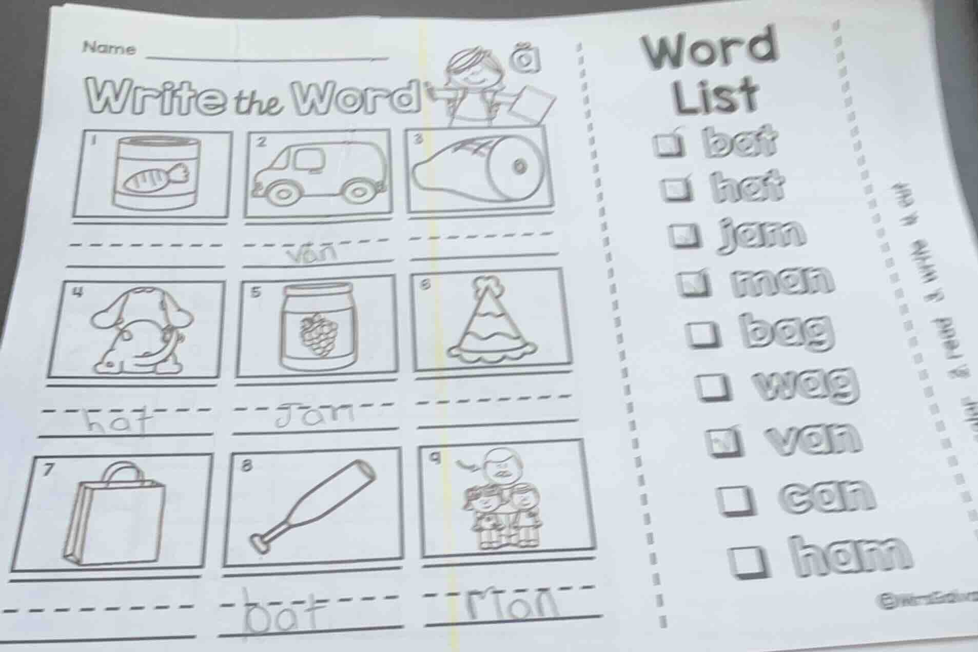 name write the word word list bat hat jam man bag wag van can ham 1 2 v…