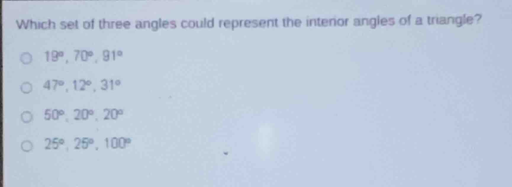 which set of three angles could represent the interior angles of a tria…