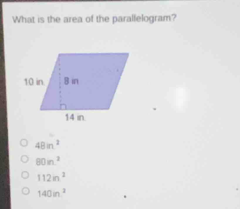what is the area of the parallelogram? 10 in. 8 in. 14 in. * 48 in^2 * …