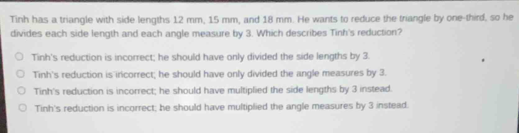 tinh has a triangle with side lengths 12 mm, 15 mm, and 18 mm. he wants…