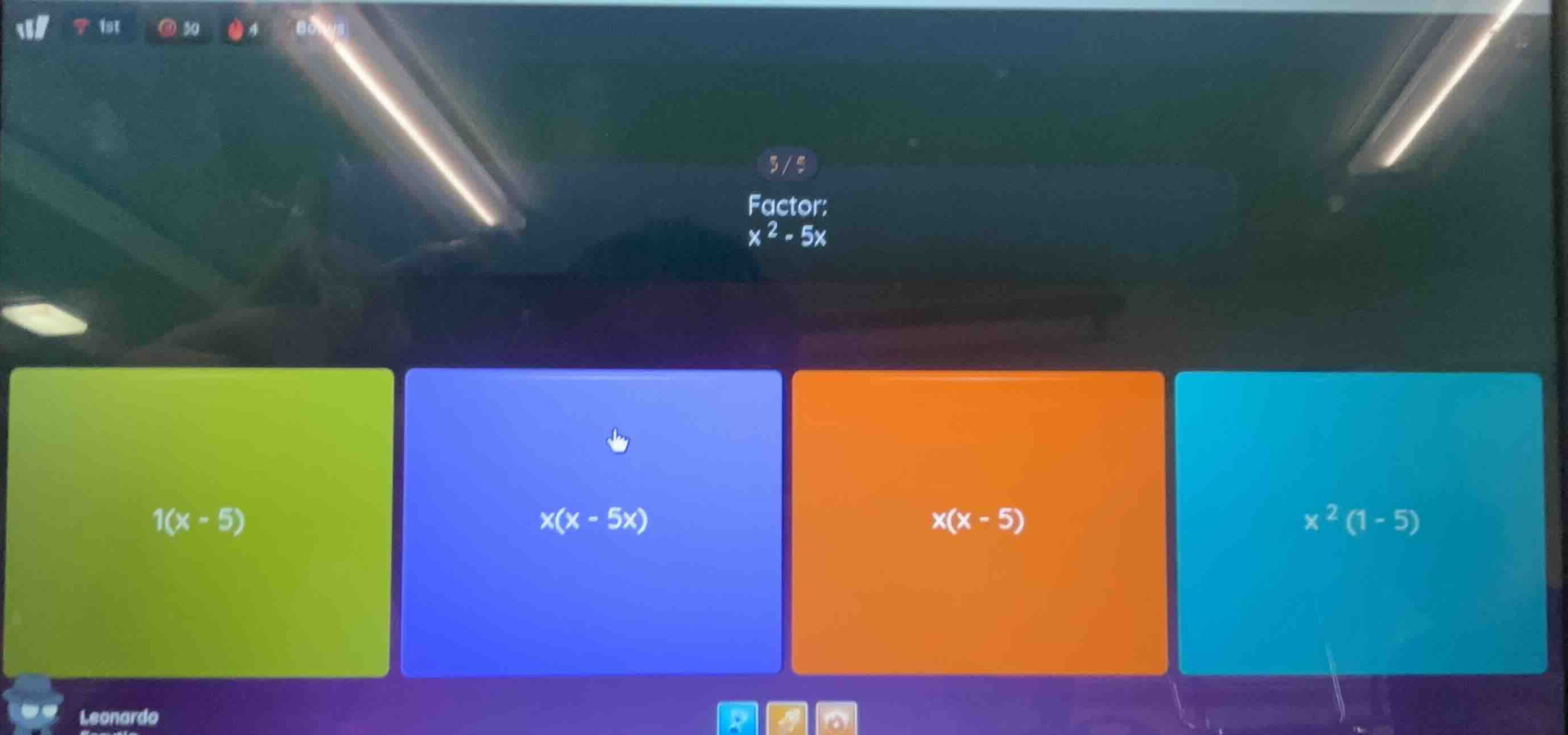 factor: \\(x^2 - 5x\\) options: - \\(1(x - 5)\\) - \\(x(x - 5x)\\) - \\…