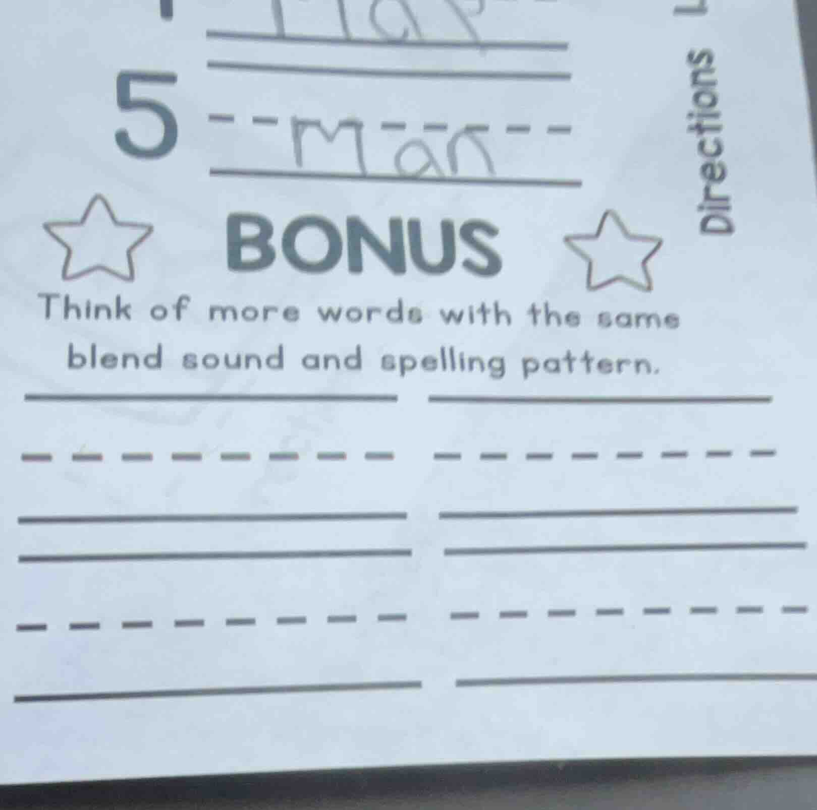 5 man bonus think of more words with the same blend sound and spelling …