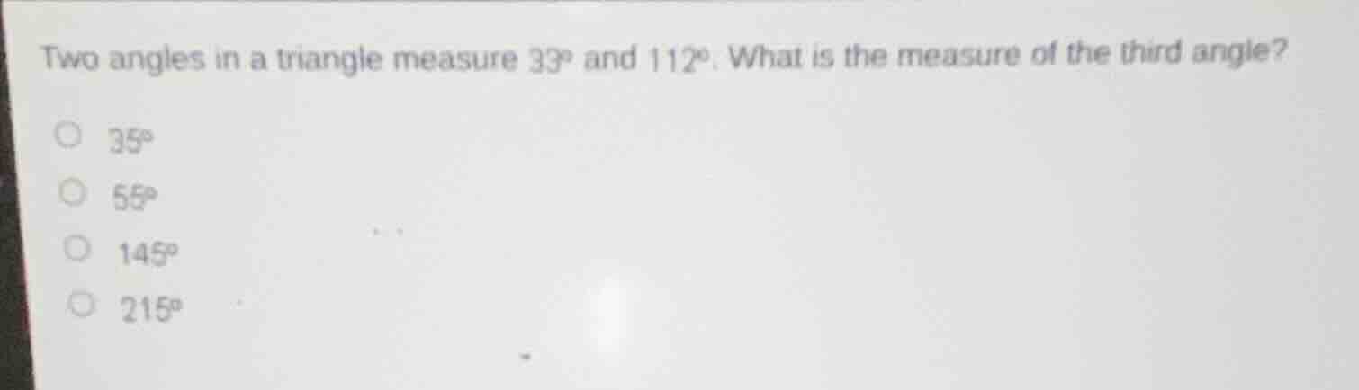 two angles in a triangle measure \\(33^\\circ\\) and \\(112^\\circ\\). …