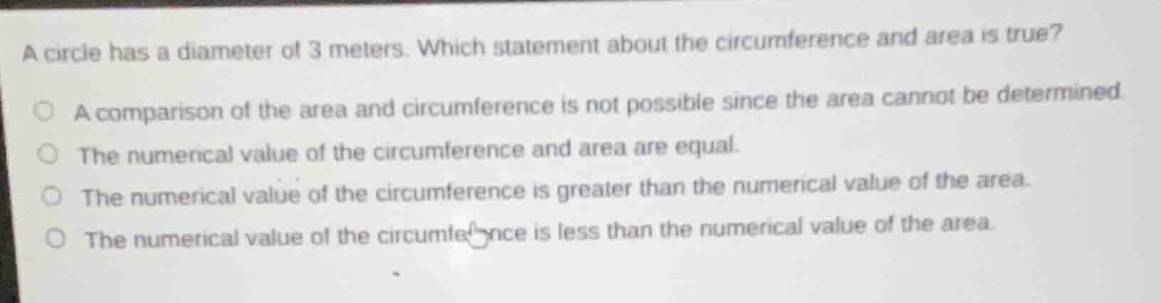 a circle has a diameter of 3 meters. which statement about the circumfe…