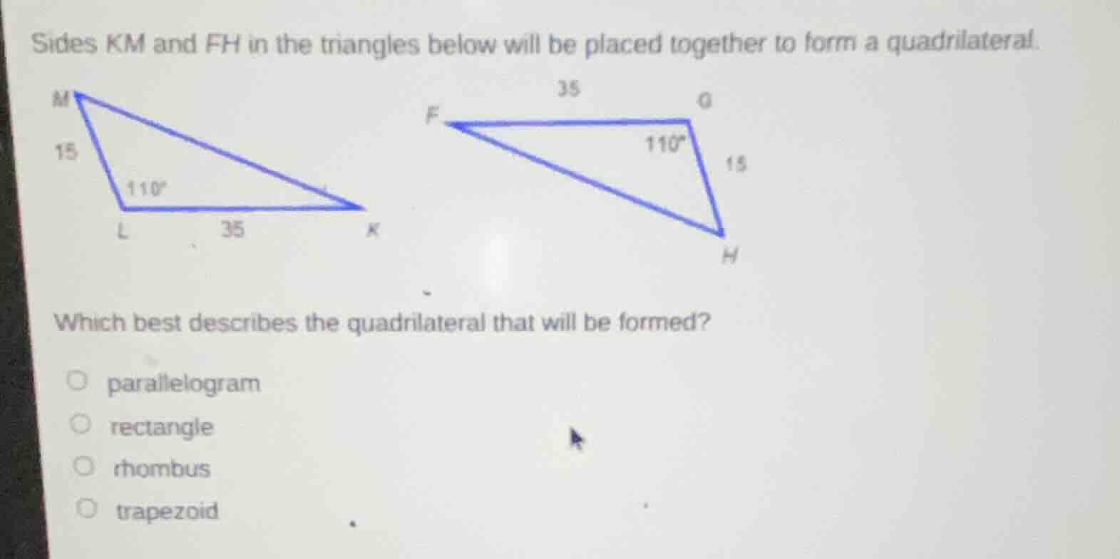 sides km and fh in the triangles below will be placed together to form …