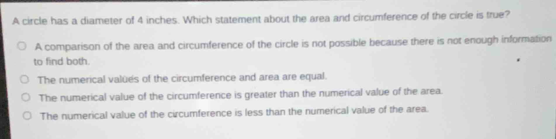 a circle has a diameter of 4 inches. which statement about the area and…