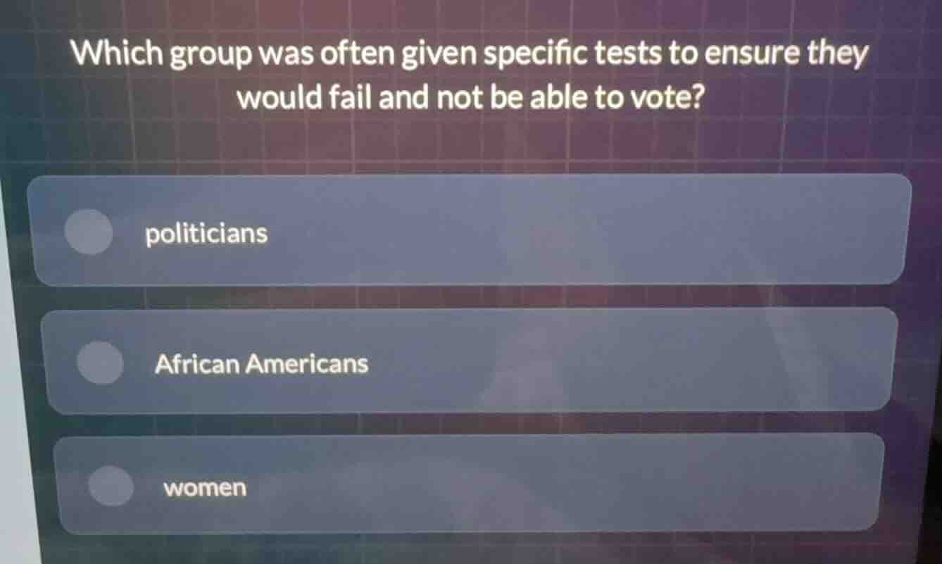 which group was often given specific tests to ensure they would fail an…