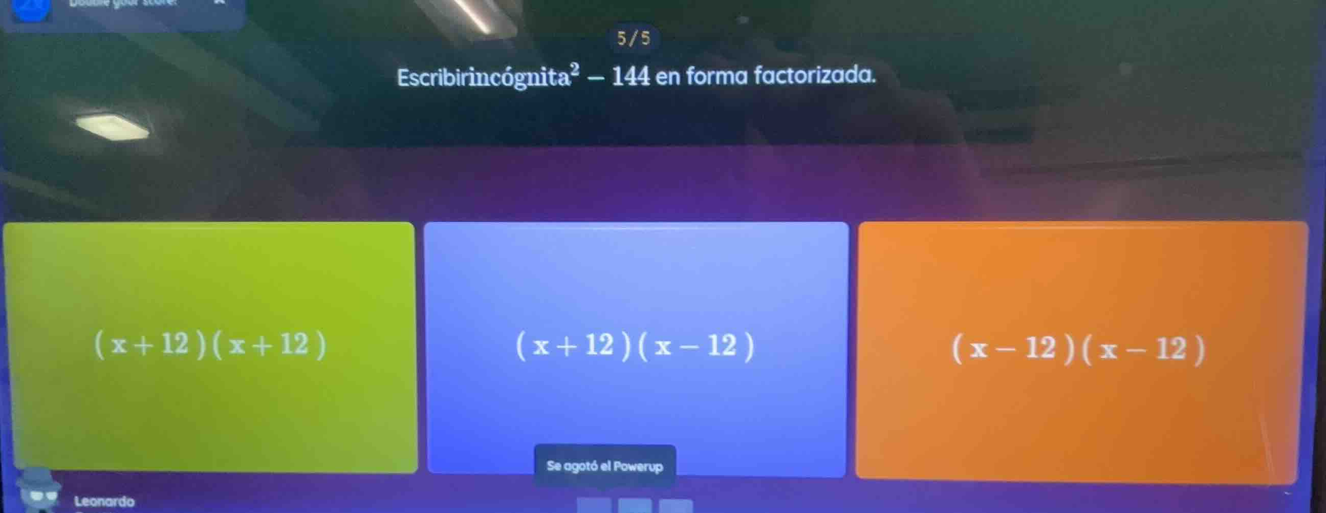 escribir \\(\\text{incógnita}^2 - 144\\) en forma factorizada. \\((x + …