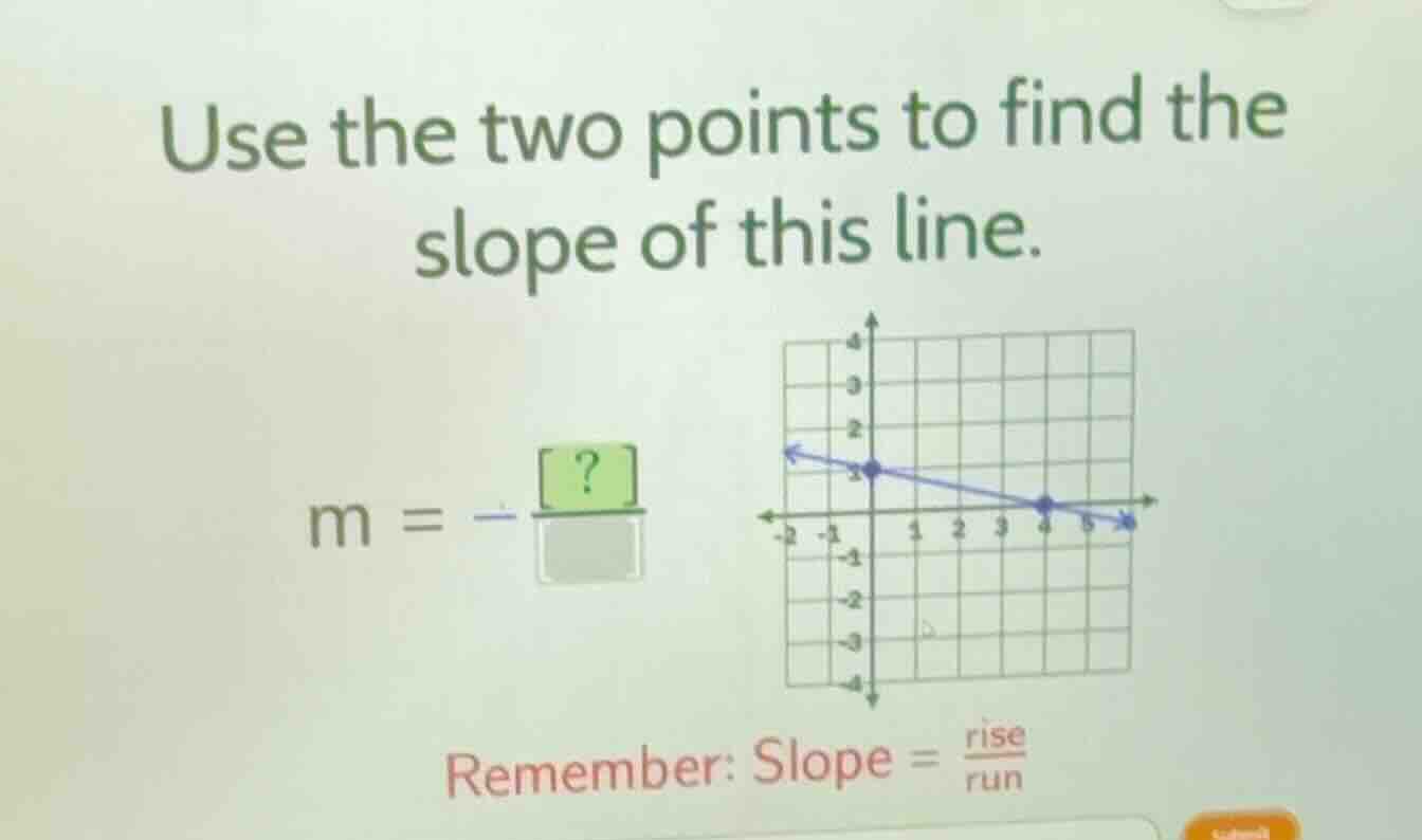 use the two points to find the slope of this line. (m = -\\frac{?}{\\sq…