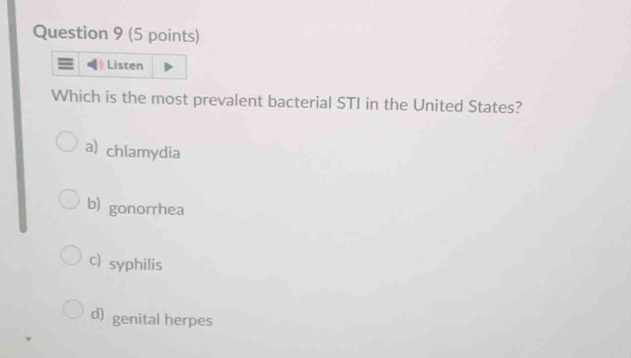 question 9 (5 points) which is the most prevalent bacterial sti in the …