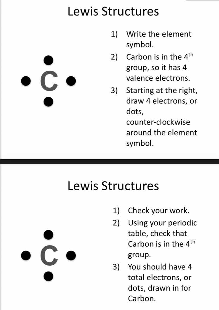 lewis structures 1) write the element symbol. 2) carbon is in the \\(4^…