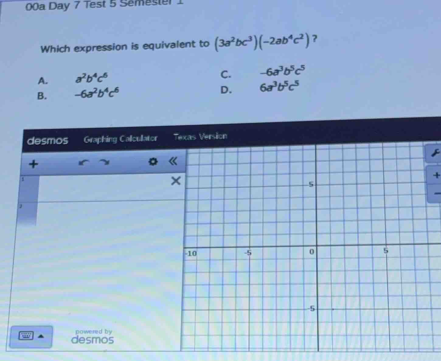 which expression is equivalent to \\((3a^2bc^3)(-2ab^4c^2)\\)? a. \\(a^…