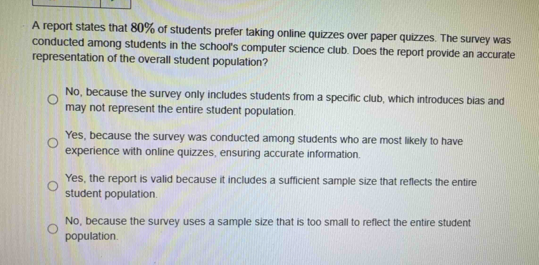 a report states that 80% of students prefer taking online quizzes over …