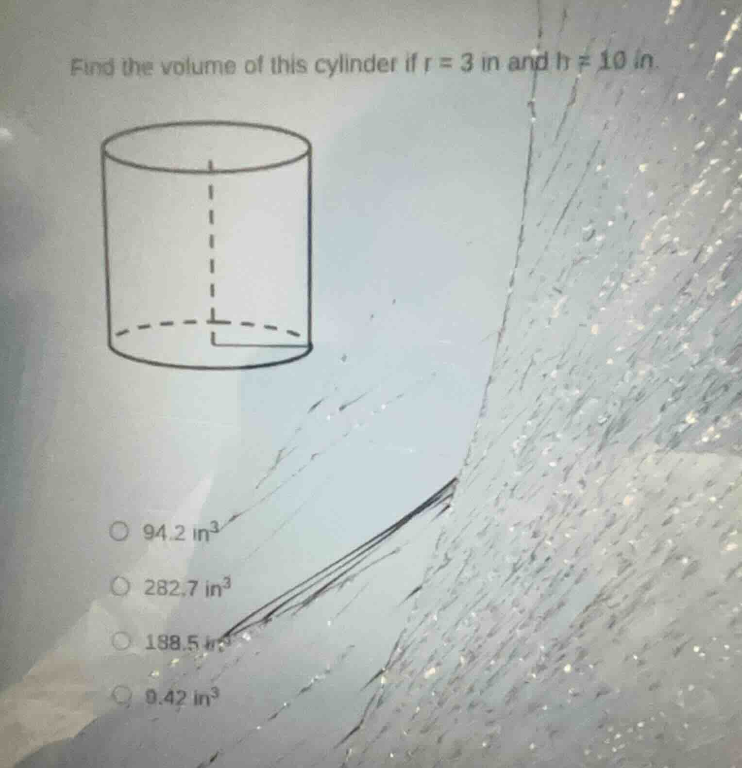 find the volume of this cylinder if \\(r = 3\\text{ in}\\) and \\(h = 1…