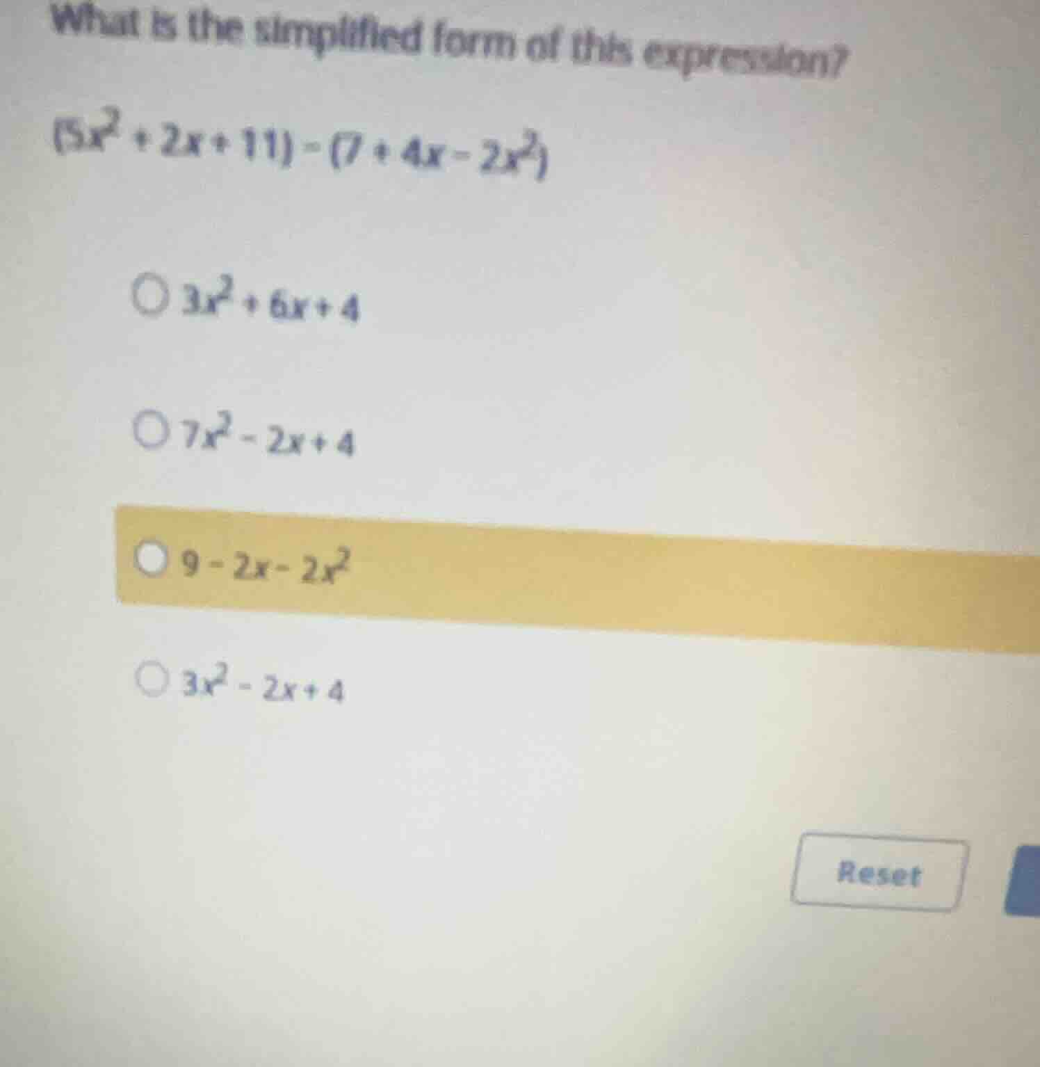 what is the simplified form of this expression? \\((5x^2 + 2x + 11) - (…