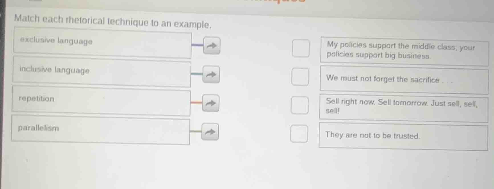 match each rhetorical technique to an example. exclusive language inclu…