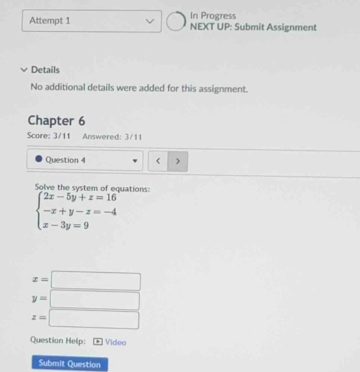 solve the system of equations: \\ \\begin{cases} 2x - 5y + z = 16 \\\\ …