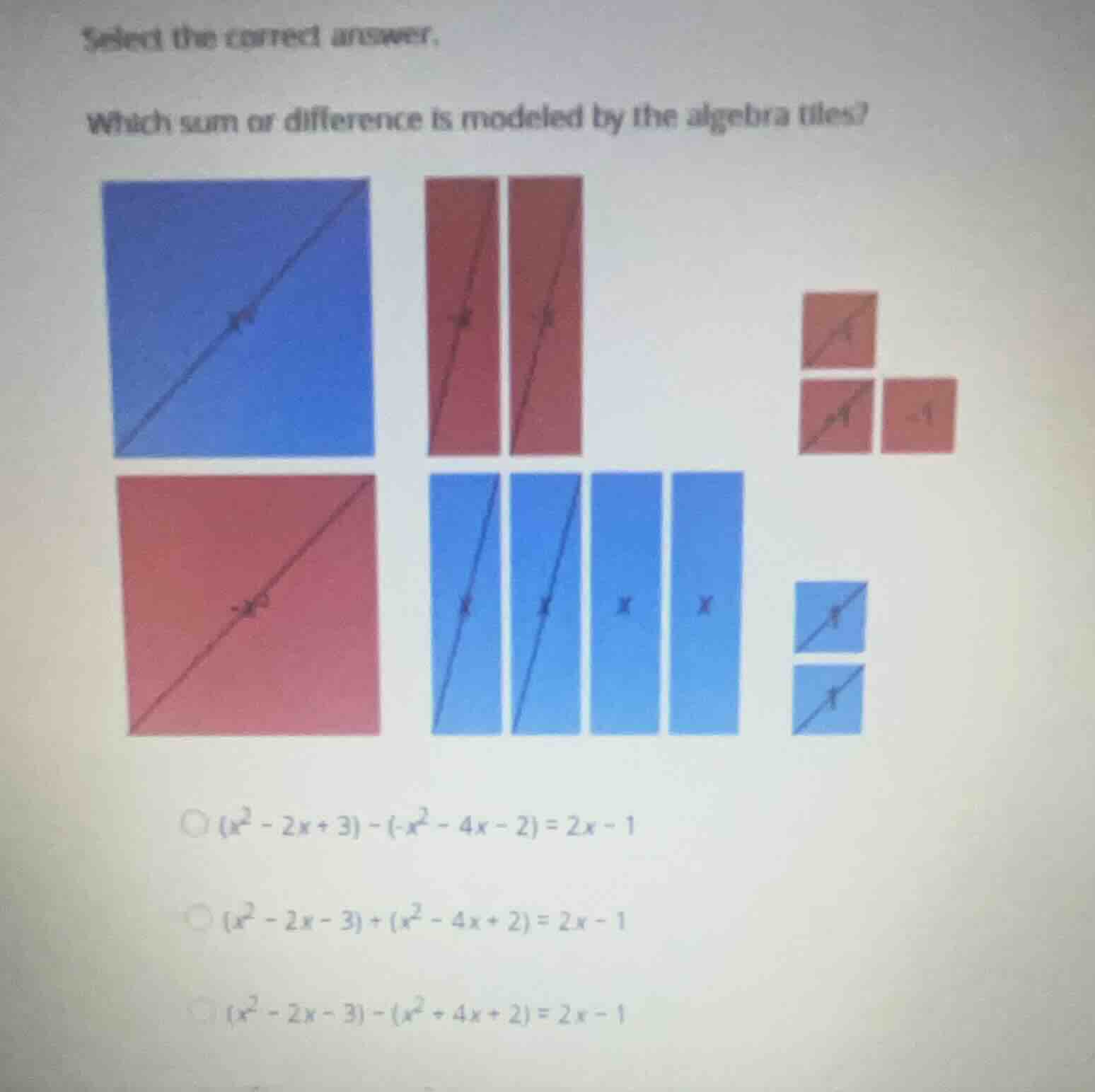 select the correct answer. which sum or difference is modeled by the al…