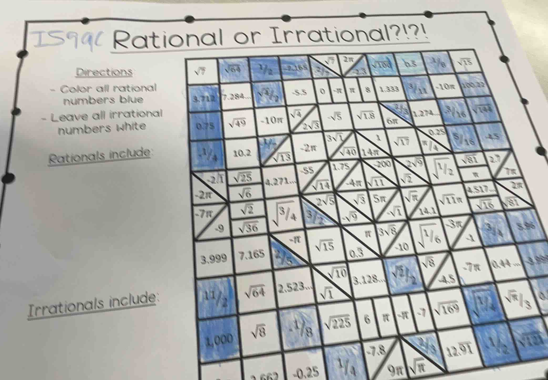 rational or irrational?!?! directions: - color all rational numbers blu…