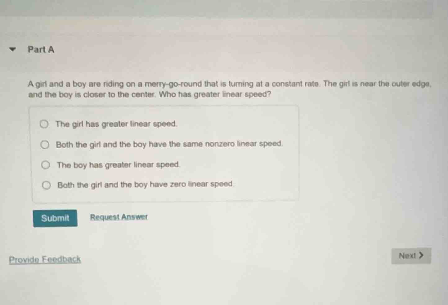 part a a girl and a boy are riding on a merry-go-round that is turning …