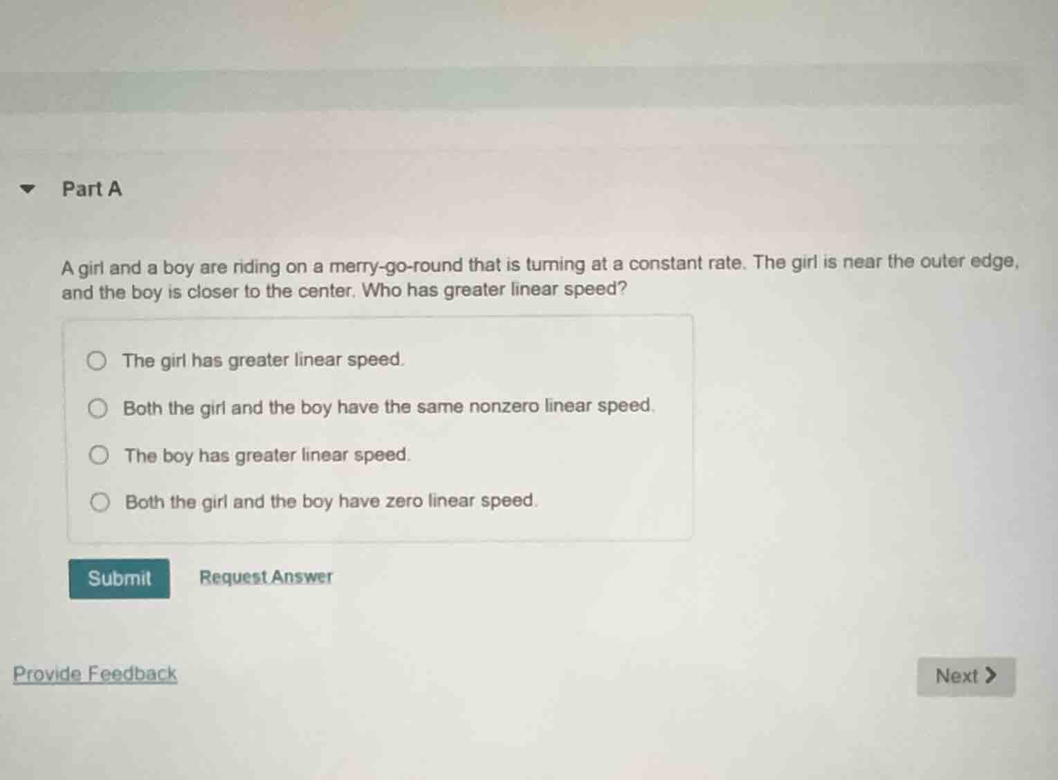 part a a girl and a boy are riding on a merry-go-round that is turning …