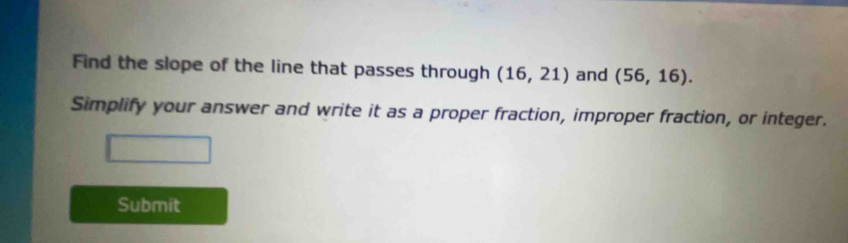 find the slope of the line that passes through \\((16, 21)\\) and \\((5…