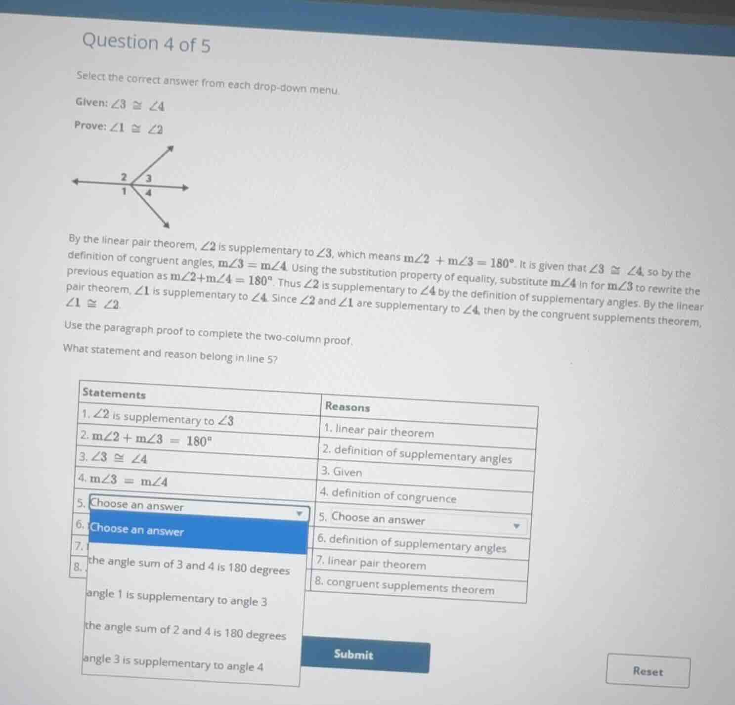 question 4 of 5 select the correct answer from each drop-down menu. giv…