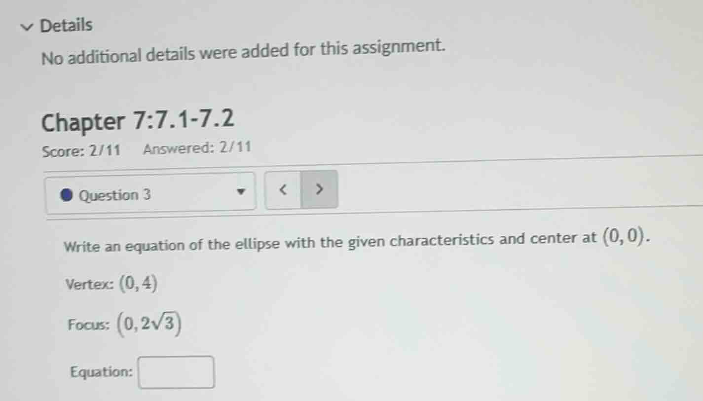 write an equation of the ellipse with the given characteristics and cen…