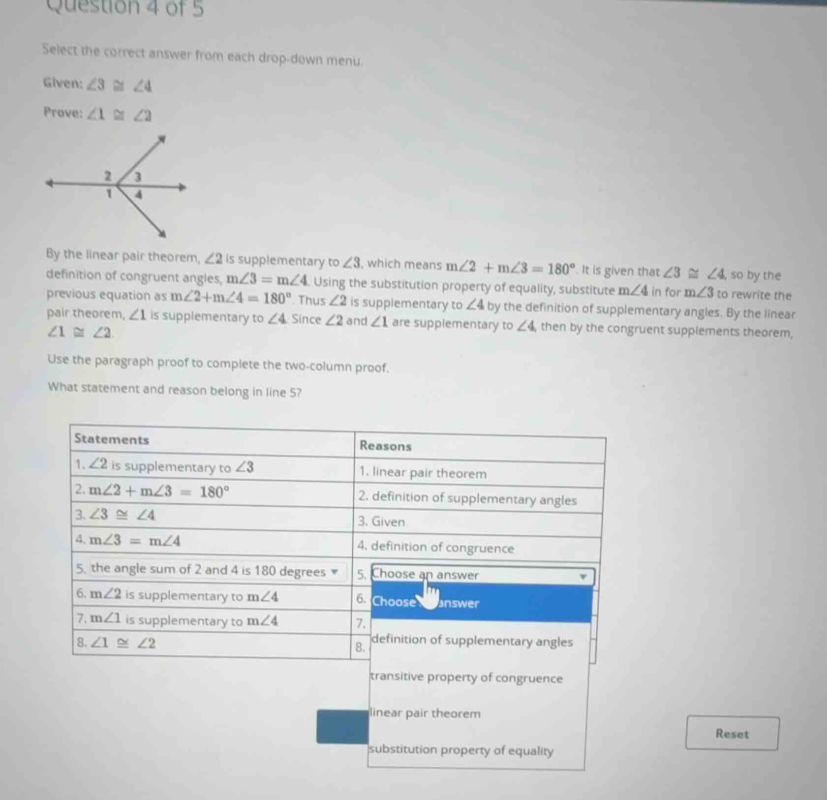 select the correct answer from each drop-down menu. given: \\(\\angle 3…