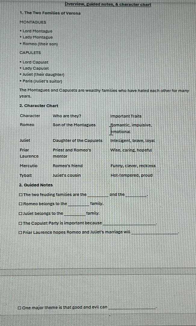 overview, guided notes, & character chart 1. the two families of verona…